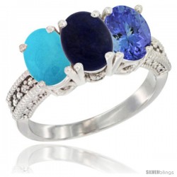 10K White Gold Natural Turquoise, Lapis & Tanzanite Ring 3-Stone Oval 7x5 mm Diamond Accent