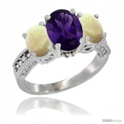 10K White Gold Ladies Natural Amethyst Oval 3 Stone Ring with Opal Sides Diamond Accent