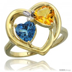 10k Yellow Gold 2-Stone Heart Ring 6mm Natural London Blue Topaz & Citrine