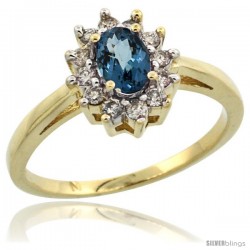 10k Yellow Gold London Blue Topaz Diamond Halo Ring Oval Shape 1.2 Carat 6X4 mm, 1/2 in wide