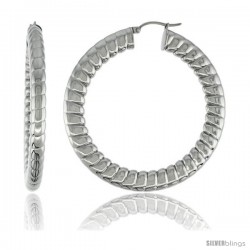 Surgical Steel Flat Tube Hoop Earrings 2 1/8 in round 5 mm thick Spiral Pattern, feather weight