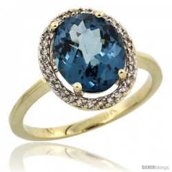 10k Yellow Gold Diamond Halo London-Blue Topaz Ring 2.4 carat Oval shape 10X8 mm, 1/2 in (12.5mm) wide
