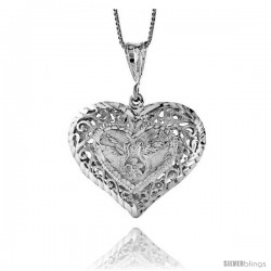 Sterling Silver Large Filigree Heart Pendant, 1 1/4 in Tall