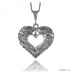 Sterling Silver Large Filigree Cut-out Heart Pendant, 1 3/8 in Tall