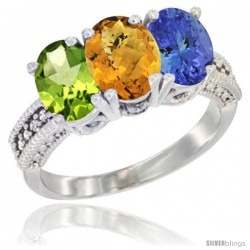 14K White Gold Natural Peridot, Whisky Quartz & Tanzanite Ring 3-Stone Oval 7x5 mm Diamond Accent