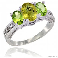 14k White Gold Ladies Oval Natural Lemon Quartz 3-Stone Ring with Peridot Sides Diamond Accent