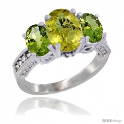 14K White Gold Ladies 3-Stone Oval Natural Lemon Quartz Ring with Peridot Sides Diamond Accent