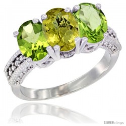 14K White Gold Natural Lemon Quartz & Peridot Sides Ring 3-Stone Oval 7x5 mm Diamond Accent