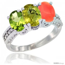 14K White Gold Natural Peridot, Lemon Quartz & Coral Ring 3-Stone Oval 7x5 mm Diamond Accent