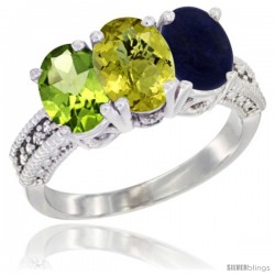 14K White Gold Natural Peridot, Lemon Quartz & Lapis Ring 3-Stone Oval 7x5 mm Diamond Accent