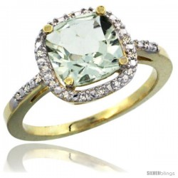 14k Yellow Gold Ladies Natural Green Amethyst Ring Cushion-cut 3.8 ct. 8x8 Stone Diamond Accent