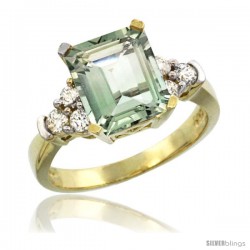 14k Yellow Gold Ladies Natural Green Amethyst Ring Emerald-shape 9x7 Stone Diamond Accent