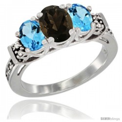 14K White Gold Natural Smoky Topaz & Swiss Blue Topaz Ring 3-Stone Oval with Diamond Accent