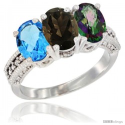 14K White Gold Natural Swiss Blue Topaz, Smoky Topaz & Mystic Topaz Ring 3-Stone 7x5 mm Oval Diamond Accent