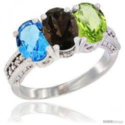 14K White Gold Natural Swiss Blue Topaz, Smoky Topaz & Peridot Ring 3-Stone 7x5 mm Oval Diamond Accent