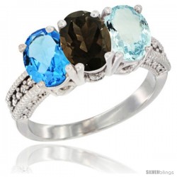 14K White Gold Natural Swiss Blue Topaz, Smoky Topaz & Aquamarine Ring 3-Stone 7x5 mm Oval Diamond Accent