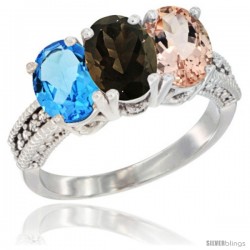 14K White Gold Natural Swiss Blue Topaz, Smoky Topaz & Morganite Ring 3-Stone 7x5 mm Oval Diamond Accent