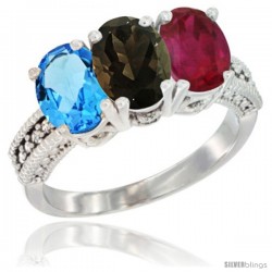 14K White Gold Natural Swiss Blue Topaz, Smoky Topaz & Ruby Ring 3-Stone 7x5 mm Oval Diamond Accent