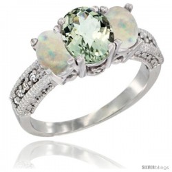 10K White Gold Ladies Oval Natural Green Amethyst 3-Stone Ring with Opal Sides Diamond Accent