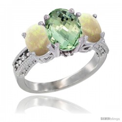 10K White Gold Ladies Natural Green Amethyst Oval 3 Stone Ring with Opal Sides Diamond Accent