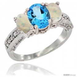 10K White Gold Ladies Oval Natural Swiss Blue Topaz 3-Stone Ring with Opal Sides Diamond Accent