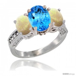10K White Gold Ladies Natural Swiss Blue Topaz Oval 3 Stone Ring with Opal Sides Diamond Accent