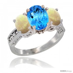 10K White Gold Ladies Natural Swiss Blue Topaz Oval 3 Stone Ring with Opal Sides Diamond Accent