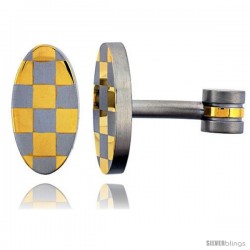 Stainless Steel Oval Shape Cufflinks Gold Plated Checkered Pattern
