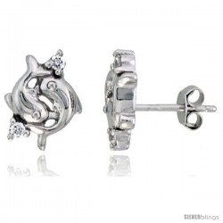 Sterling Silver Jeweled Dolphin Post Earrings, w/ Cubic Zirconia stones, 7/16" (12 mm)