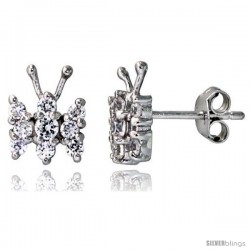 Sterling Silver Jeweled Butterfly Post Earrings, w/ Cubic Zirconia stones, 3/8" (10 mm)