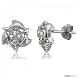 Sterling Silver Jeweled Dolphin Post Earrings, w/ Cubic Zirconia stones, 7/16" (11 mm) -Style Te1265pp