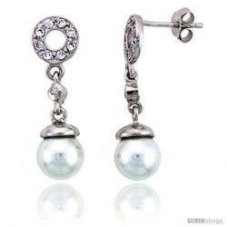 Sterling Silver Jeweled Post Earrings w/ Faux Pearls & Cubic Zirconia, 1 1/8" (28 mm)