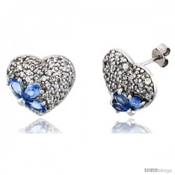 Sterling Silver Heart Stud Earrings w/ Brilliant Cut Clear & Pear Cut Blue Topaz-colored CZ Stones, 9/16" (15 mm) tall