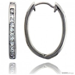 Sterling Silver Oval Hoop Earrings Channel Set Square CZ, 1 1/16 in. 27 mm Long