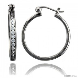 Sterling Silver Hoop Earrings Channel Set CZ, 1 in. 26 mm