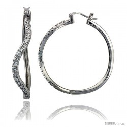 Sterling Silver Hoop Earrings Prong Set CZ, 1 1/2 in. 39 mm