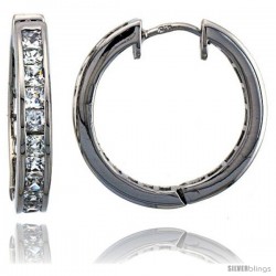Sterling Silver Hoop Earrings Channel Set Square CZ, 1 in. 25 mm