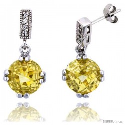 Sterling Silver Dangle Ball Earrings w/ Brilliant Cut CZ Stones & Yellow Topaz-colored Crystal Balls, 1" (26 mm) tall