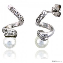 Sterling Silver Jeweled Spiral Post Earrings, w/ Faux Pearls & Cubic Zirconia, 3/4" (19 mm)