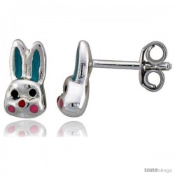 Sterling Silver Child Size Rabbit Head Earrings, w/ Aqua Green & Pink Enamel Design, 5/16" (9 mm) tall