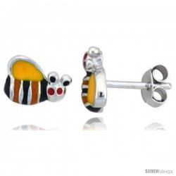 Sterling Silver Child Size Bumble Bee Earrings, w/ Yellow, Black & Orange Enamel Design, 5/16" (8 mm) wide