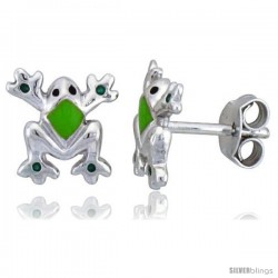 Sterling Silver Child Size Frog Earrings, w/ Green Enamel Design, 3/8" (9 mm) tall