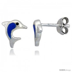 Sterling Silver Child Size Dolphin Earrings, w/ Blue Enamel Design, 1/4" (6 mm) tall