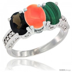 10K White Gold Natural Smoky Topaz, Coral & Malachite Ring 3-Stone Oval 7x5 mm Diamond Accent