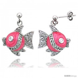 Sterling Silver Jeweled Fish Post Earrings, w/ Pink Enamel & Cubic Zirconia, 1 1/16" (27 mm)