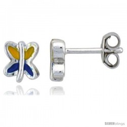 Sterling Silver Child Size Butterfly Earrings, w/ Blue & Yellow Enamel Design, 1/4" (6 mm) tall