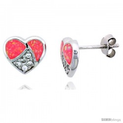 Sterling Silver Heart Post Earrings w/ Pink Synthetic Opal & Cubic Zirconia, 3/8 in