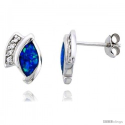 Sterling Silver Post Earrings Synthetic Opal inlaid & Cubic Zirconia stones navette shaped, 1/2 in