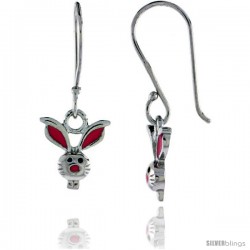 Sterling Silver Child Size Rabbit Head Earrings, w/ Pink Enamel Design, 7/16" (11 mm) tall