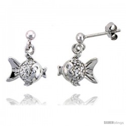 Sterling Silver Jeweled Fish Post Earrings w/ Cubic Zirconia stones, 1/2" (13 mm)